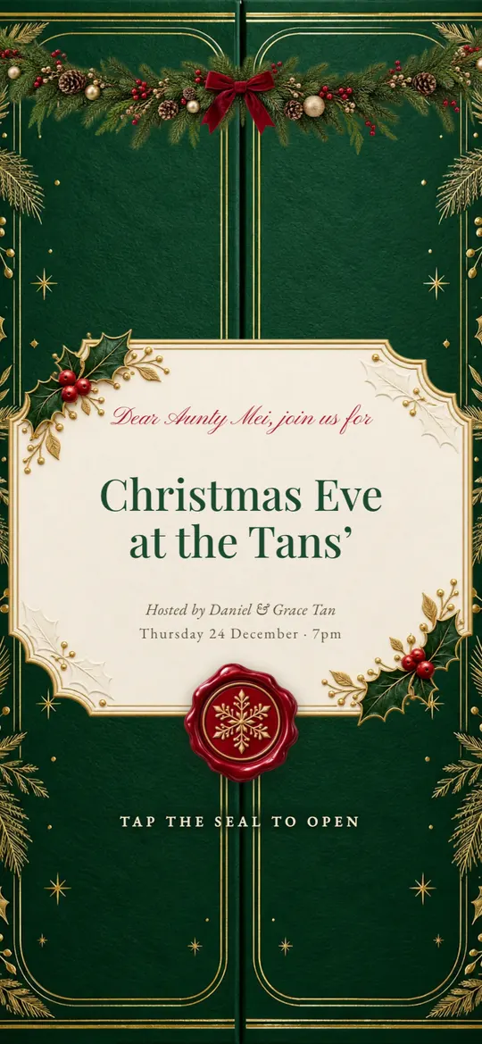 Evergreen Christmas, a christmas party invitation, sealed with the guest's name