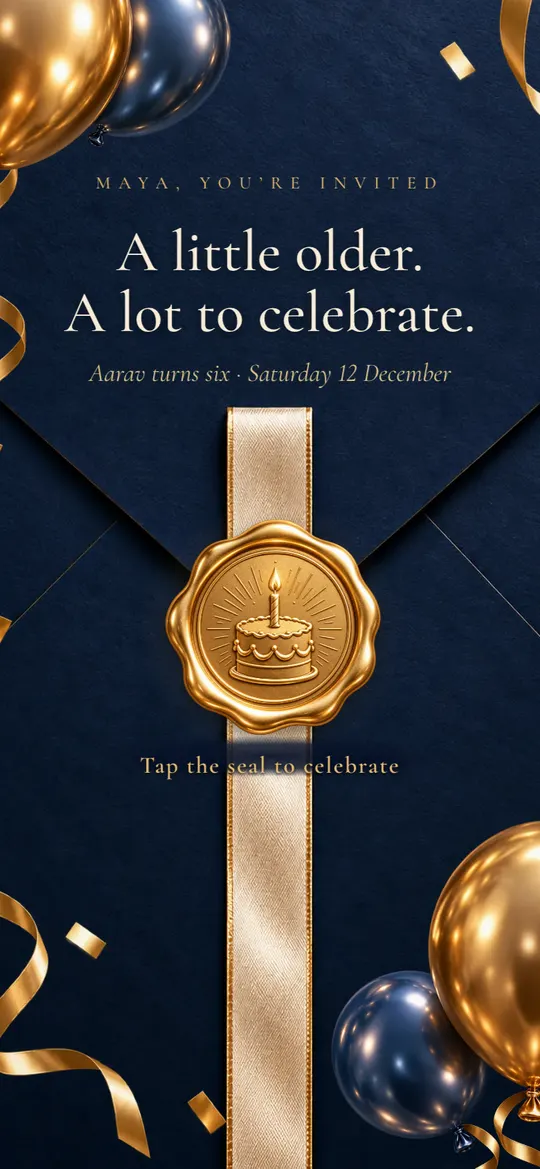 Gilded Birthday, a kids' birthday invitation, sealed with the guest's name