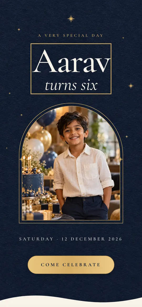 Inside a birthday invitation: the child's name, a photo, the date and Come celebrate